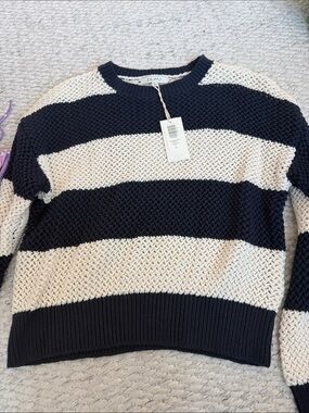 Z Supply Navy and Cream Wide-Stripe Crewneck Sweater